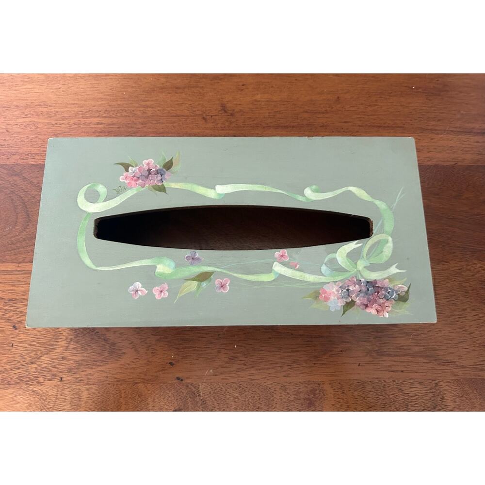 Vintage Hand Painted Wooden Tissue Box Cover Folk Art Floral Estele Green